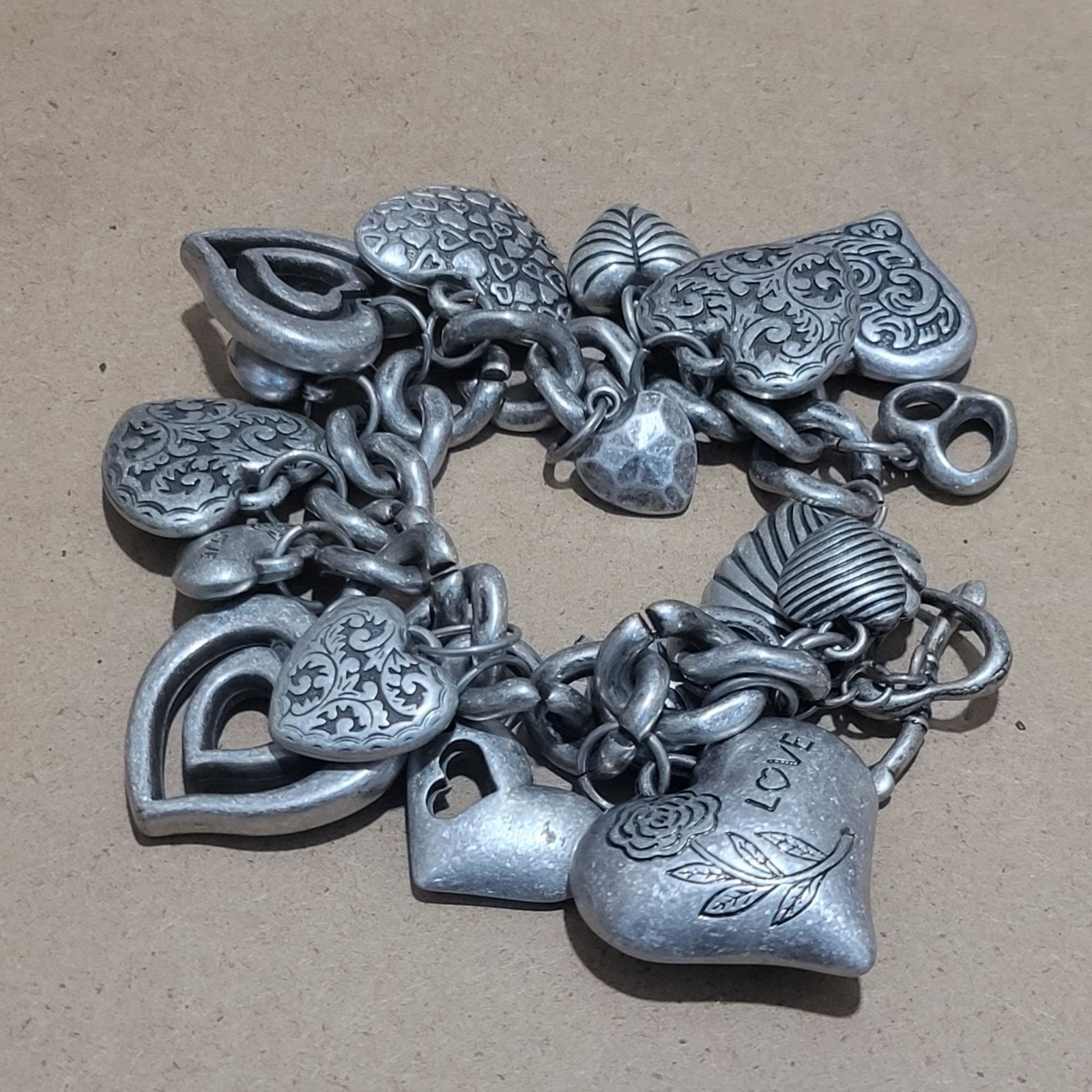 Chunky Silver Tone Charm Bracelet Multiple Puffed Heart Charms Varied Decorative