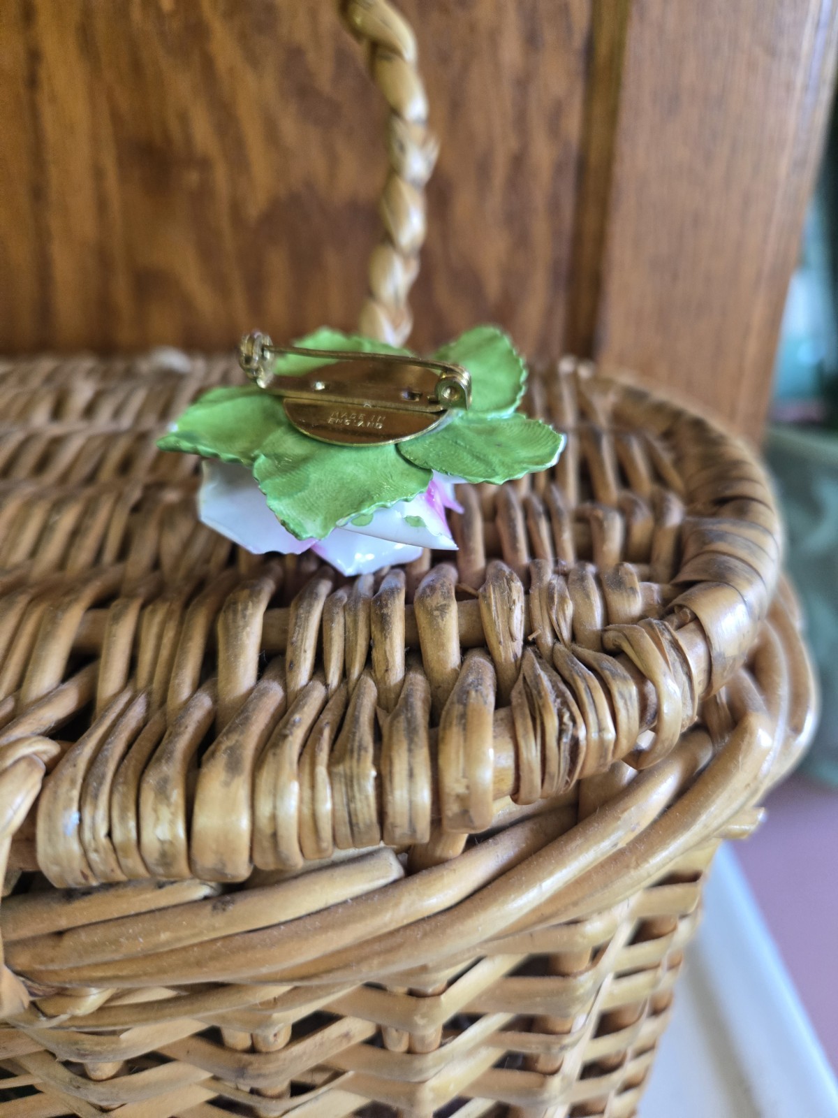 Pink White Green Rose Flower Porcelain Brooch Pin, Made in England