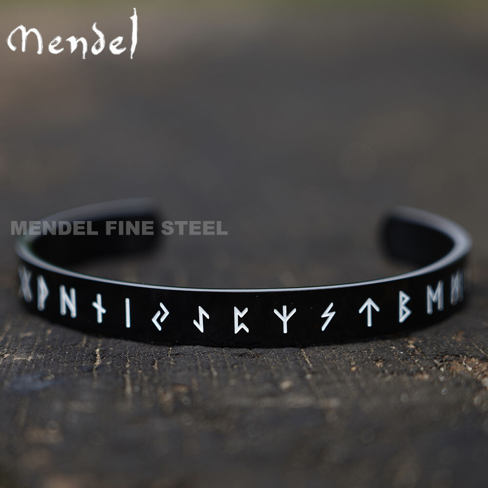 MENDEL Mens Nordic Norse Viking Black Stainless Steel Rune Cuff Bracelet Bangle