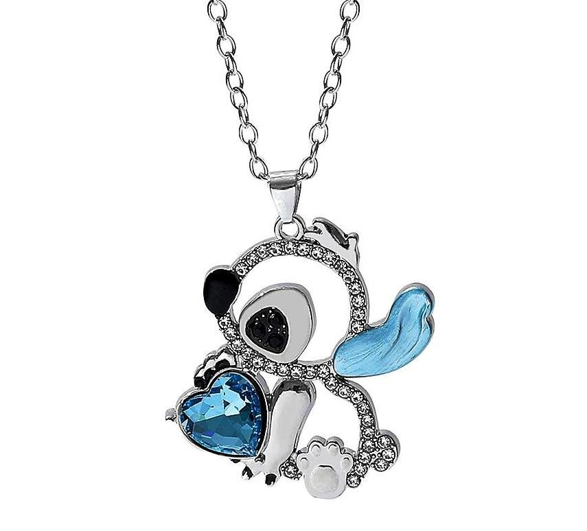 Stitch Cartoon Character with Rhinestones & Blue Heart Gem Pendant Necklace