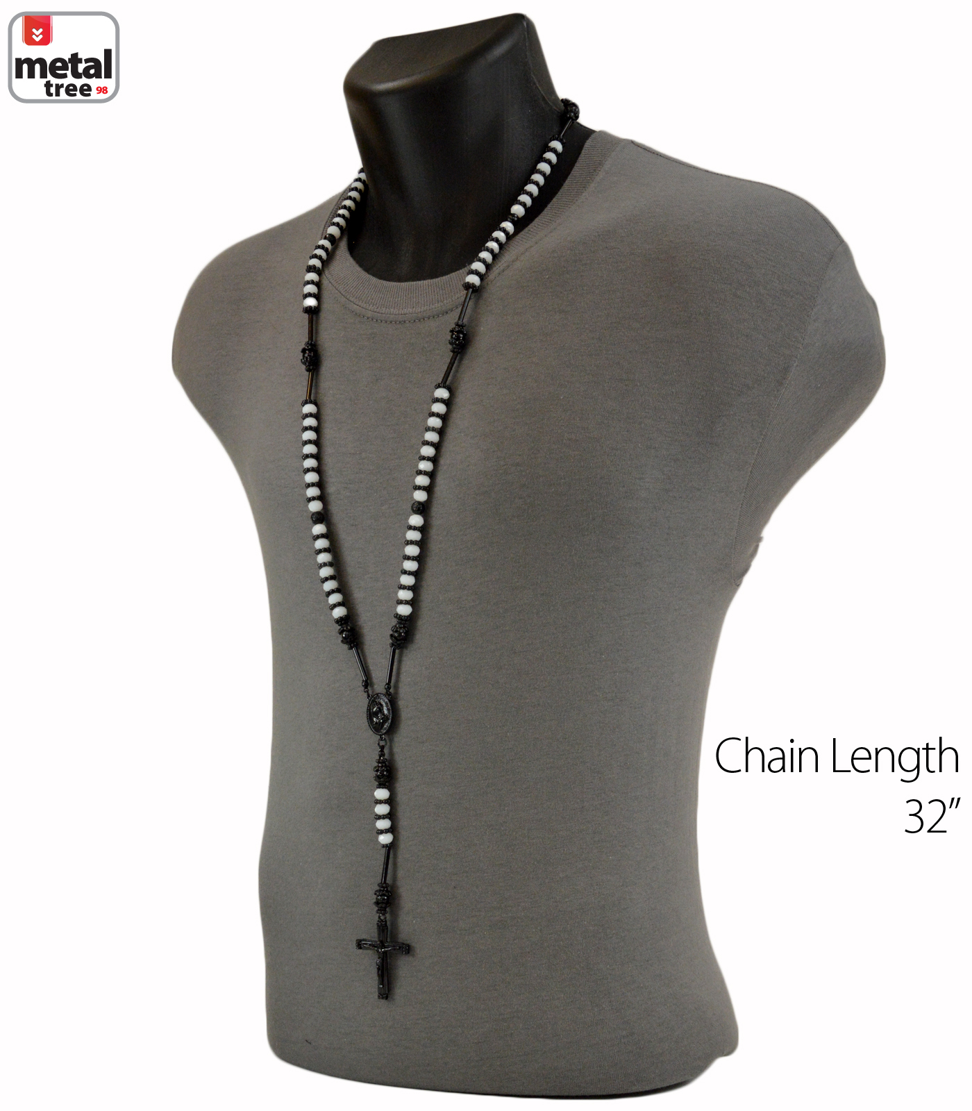 Men’s Hip Hop 8mm WHITE Bead Black Rosary Pray Hand & Jesus Cross Necklace BKWH