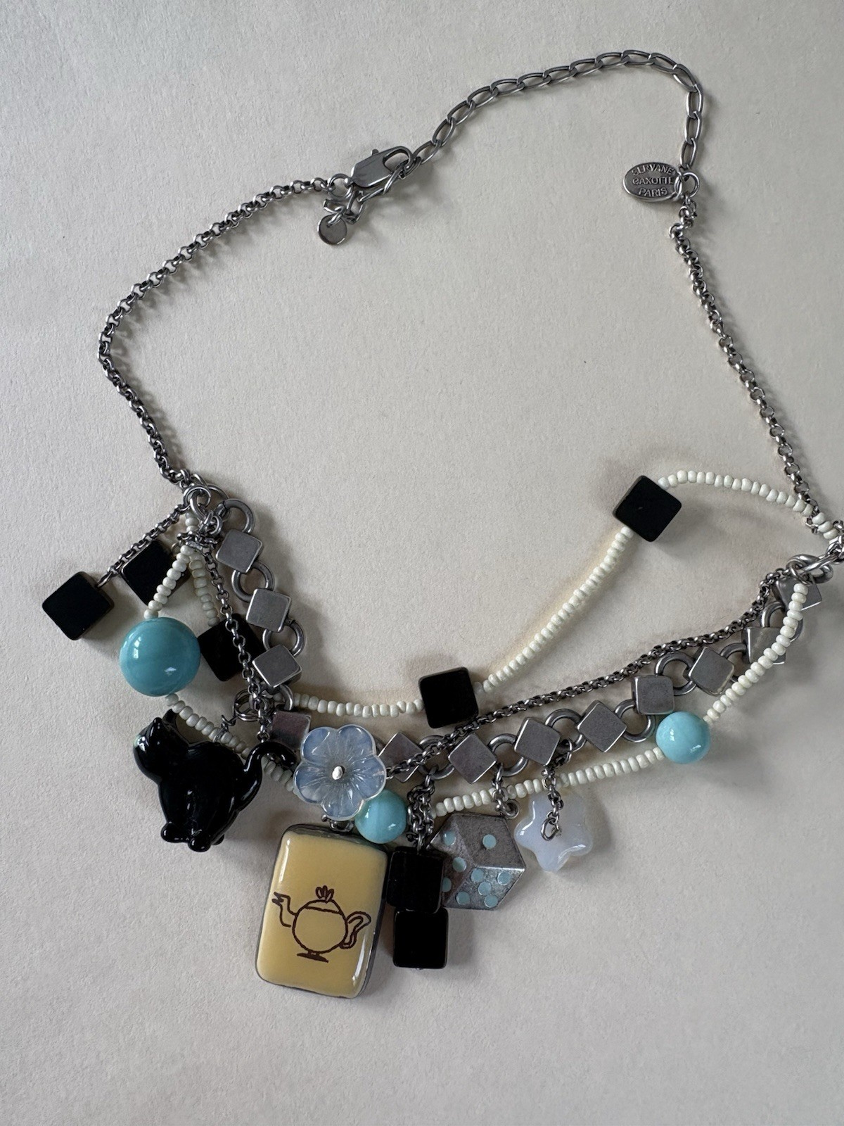 Servane Gaxotte Paris Multicolor Cat & Teapot Charm Necklace Beaded Signed