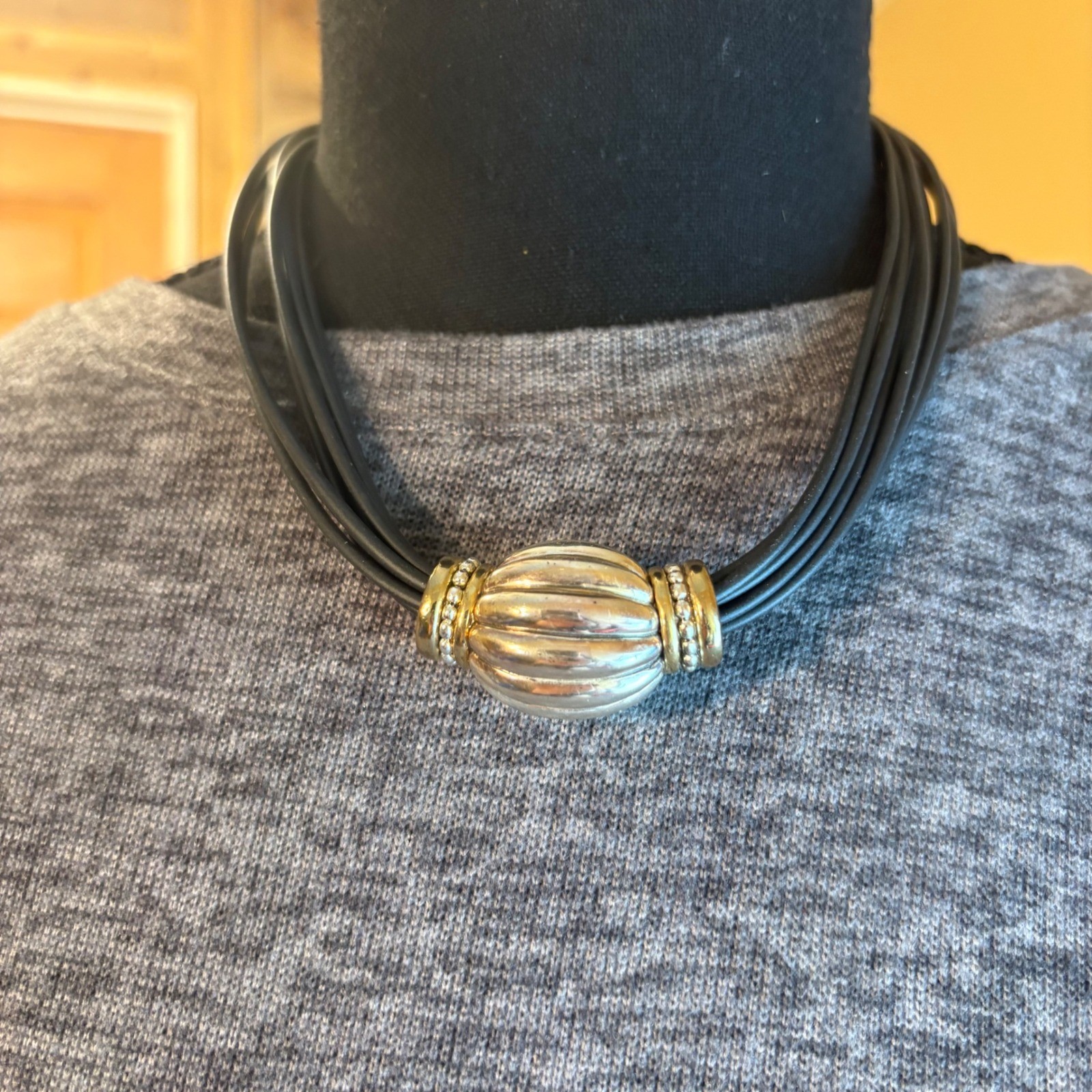 Multi Strand Black Cord Necklace Ribbed Silver Tone Bead Gold Accents