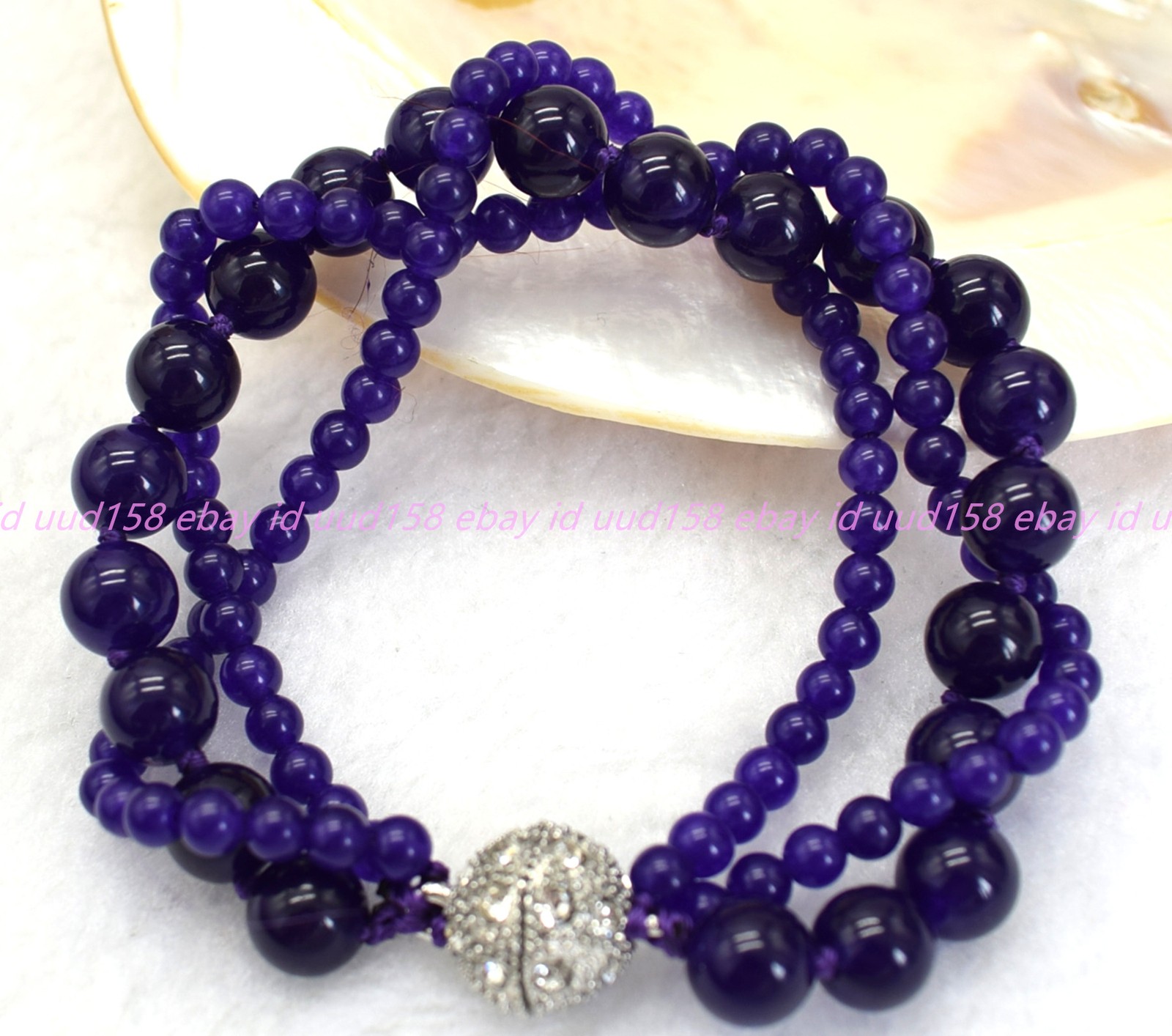 Pretty Natural 3 Rows 4+8mm Purple Jade Gemstone Round Beads Bracelet 7-9in