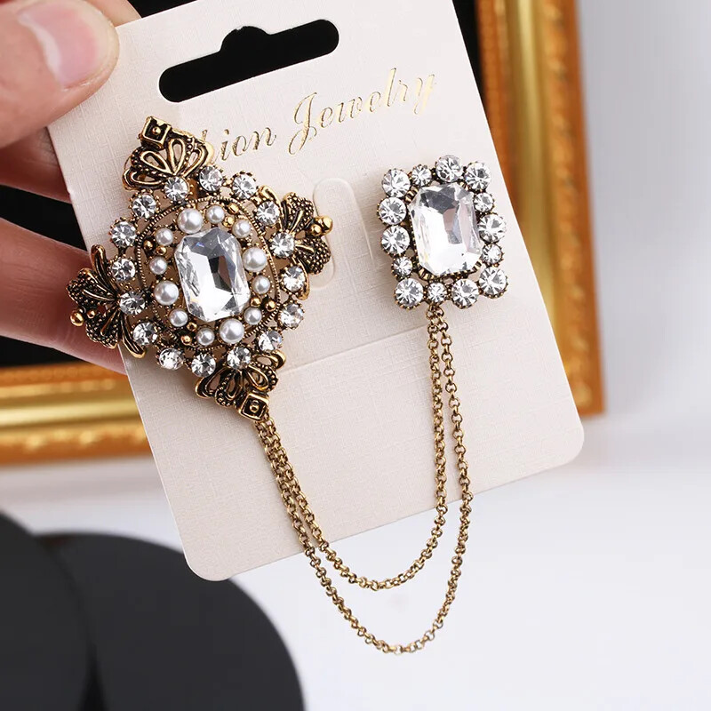 Baroque Rhinestone Brooch Pins Tassel Chain Pearl Brooch Accessories for Women