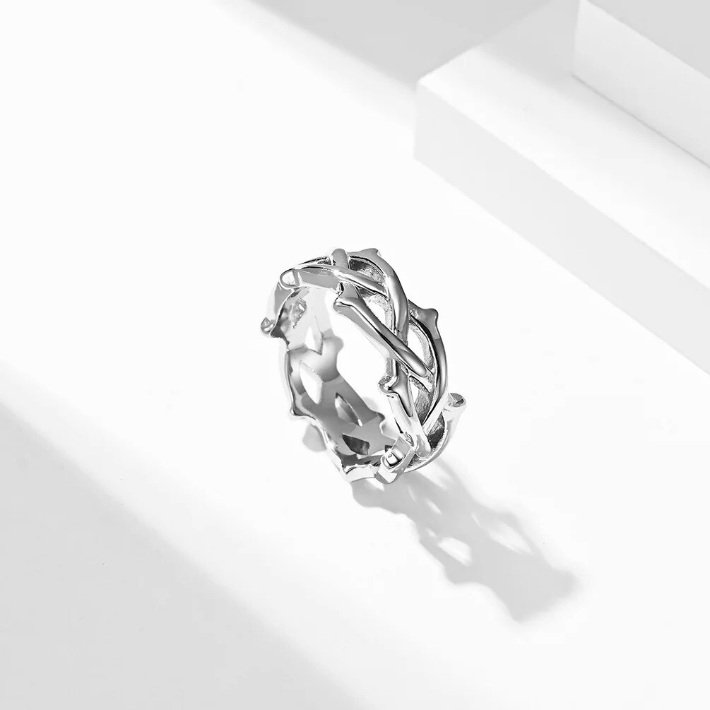 Men Women Crown of Thorn Ring Stainless Steel Tree Vine Branch Lucky Gift Silver