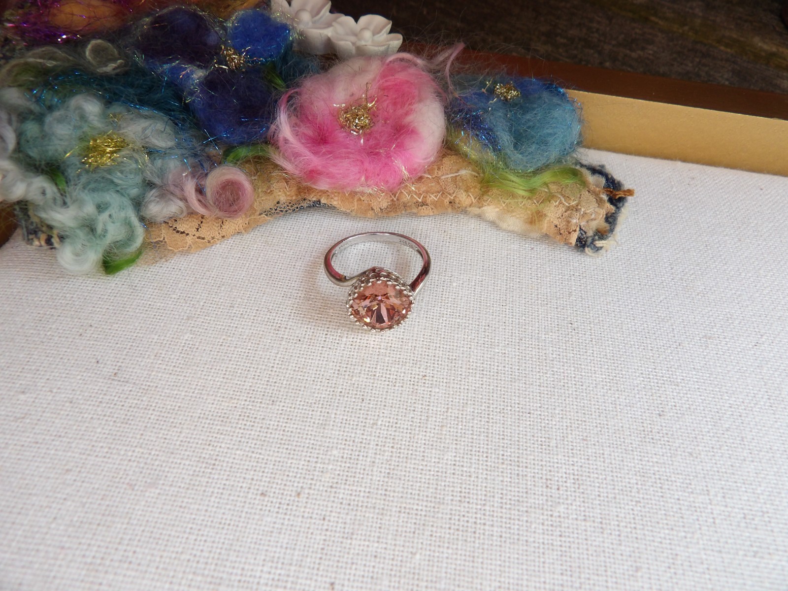 sterling silver ring, salmon pink crystal, new, stamped