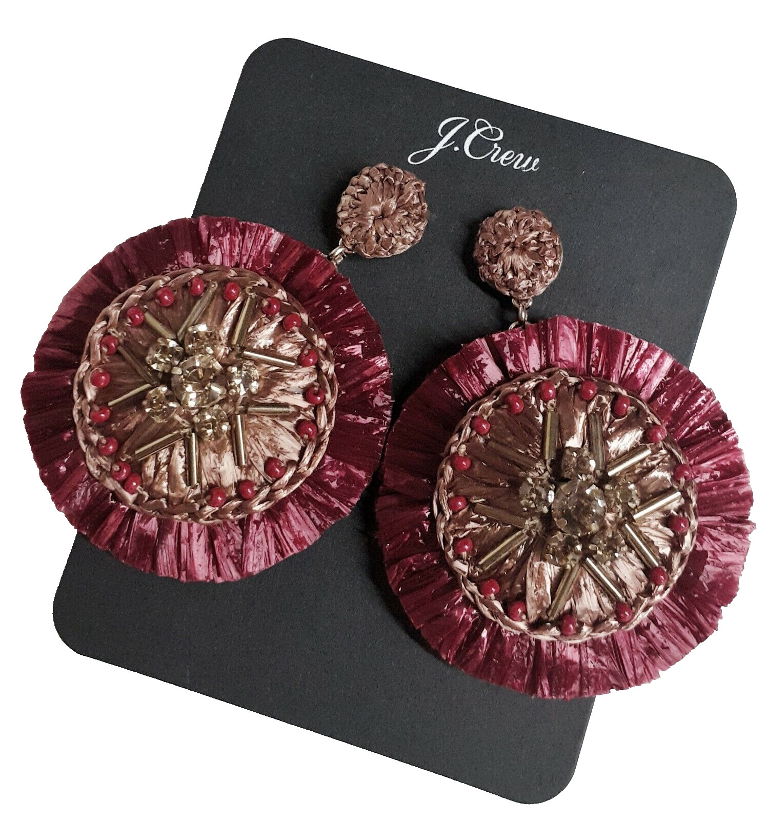 J.Crew Sparkle Raffia Statement Earring Rock Red Multi-Color Leather AQ987 NWT