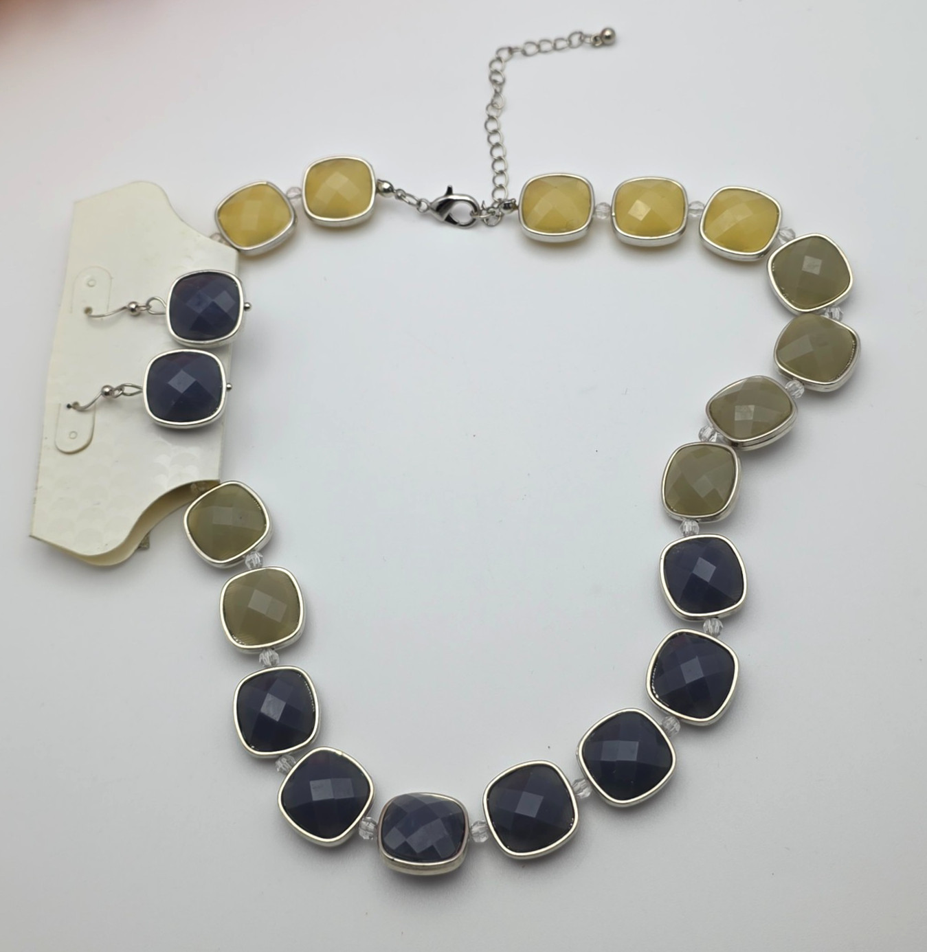 Silver Tone Beaded Necklace Blue Green Yellow Square Faceted Set 21” w/ Earrings