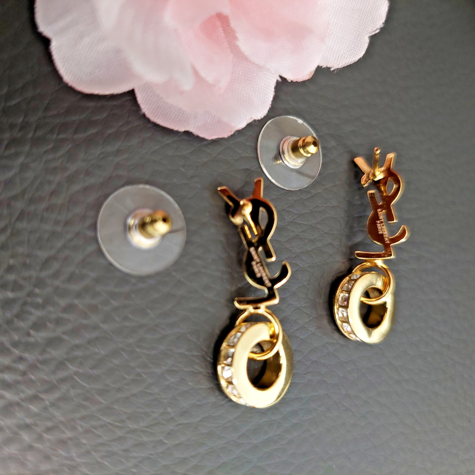 Auth. YVES SAINT LAURENT YSL LOGO Stud CRYSTAL Ring Drop EARRINGS Gold Tone