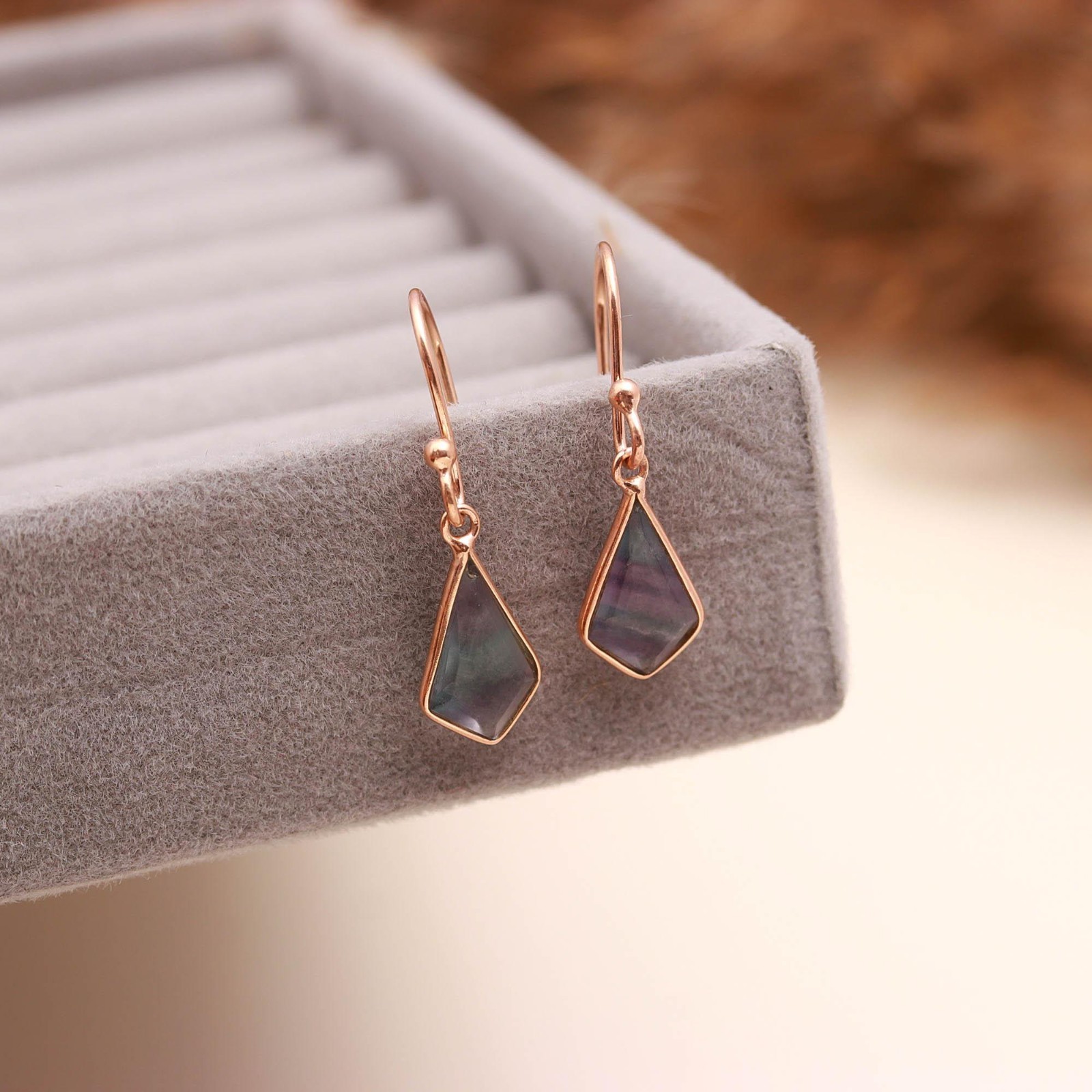Natural Fluorite Kite Dangle Earrings Rose Gold Fill 925 Sterling Silver Jewelry