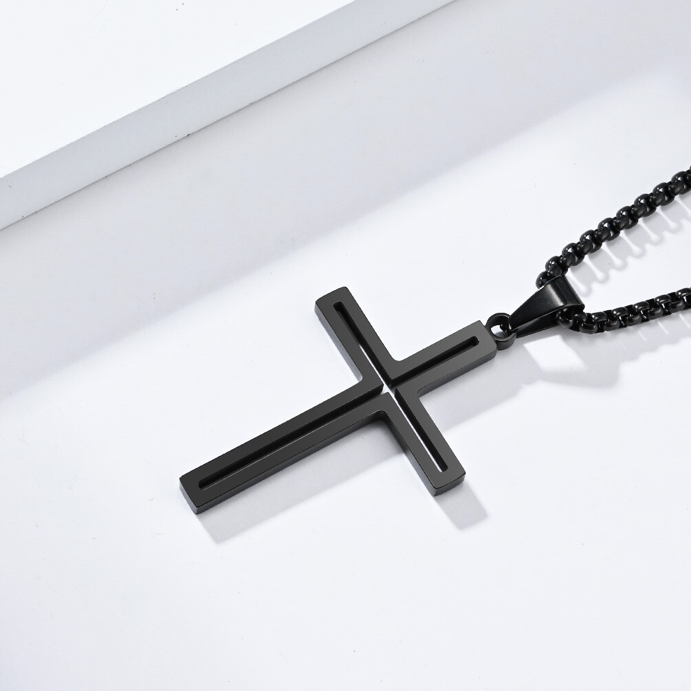 Men Women Simple Cross Necklace Stainless Steel Plain Pendant Box Chain Gift Boy