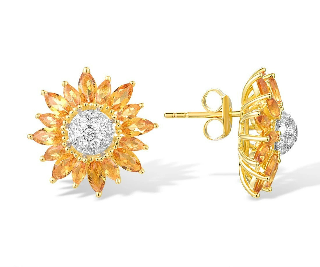 Elegant Silver Earrings SunFlower Sparkling Floral Blossom Citrine Marquise Stud