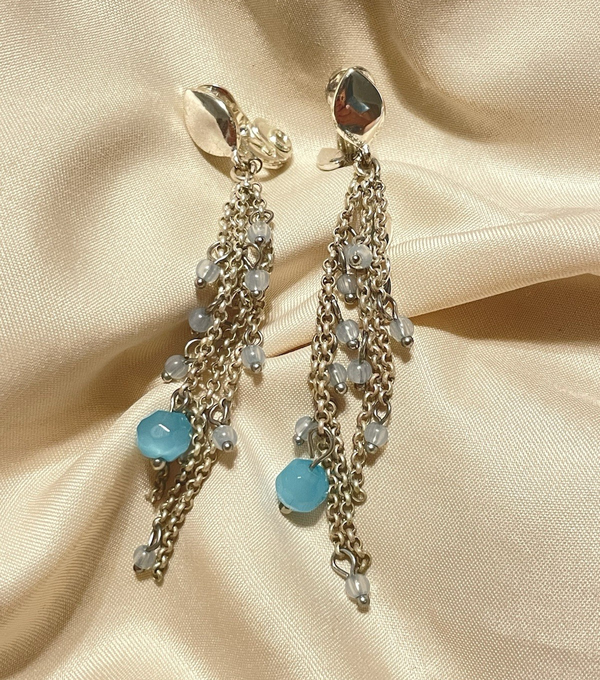 Vintage Monet Silver Tone Blue Glass Bead Dangle Drop Chain Clip-On Earrings