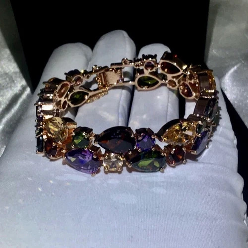 18k Rose Gold Filled Multicolor Tennis Bracelet Made Simulated Diamond 7.5”