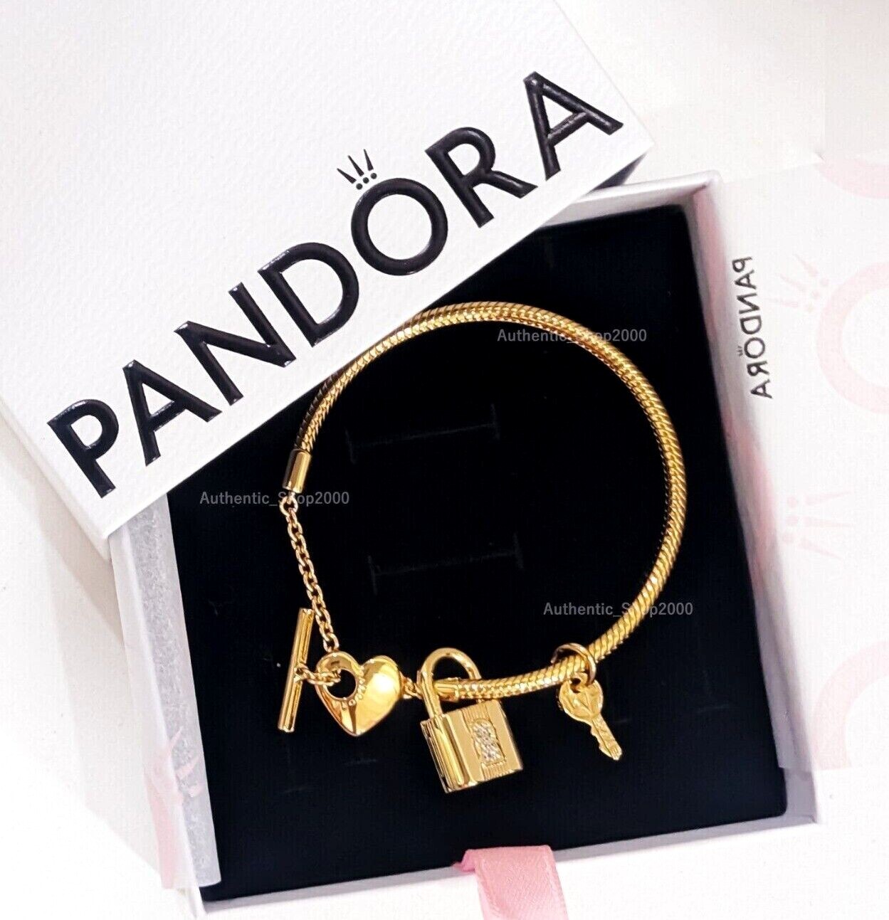 NEW 100% Authentic PANDORA Gold P Padlock and Key Dangle Charm Bracelet Gift Set