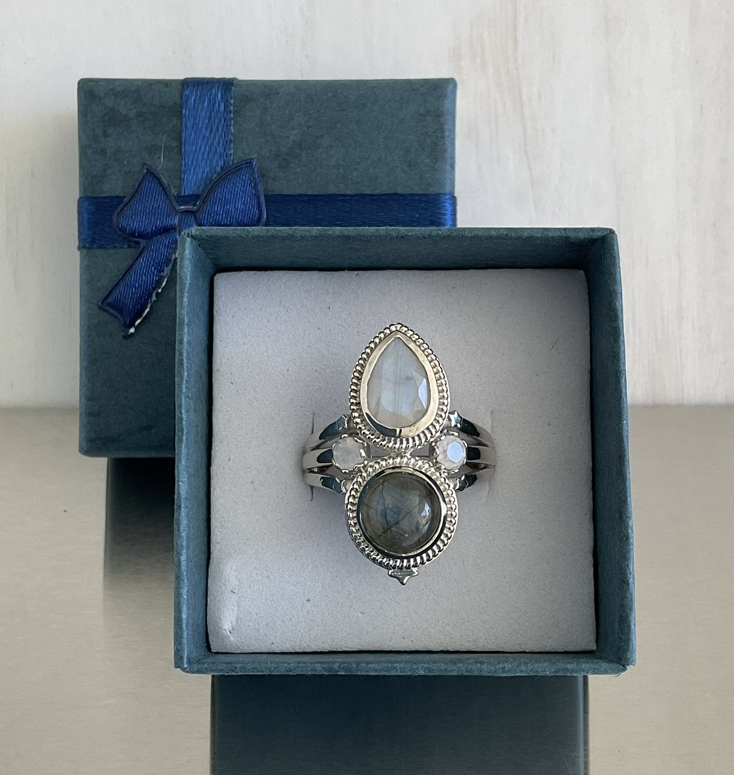 Rainbow Moonstone Malagasy Labradorite Elongated Ring Brass Platinum Bond Size 8