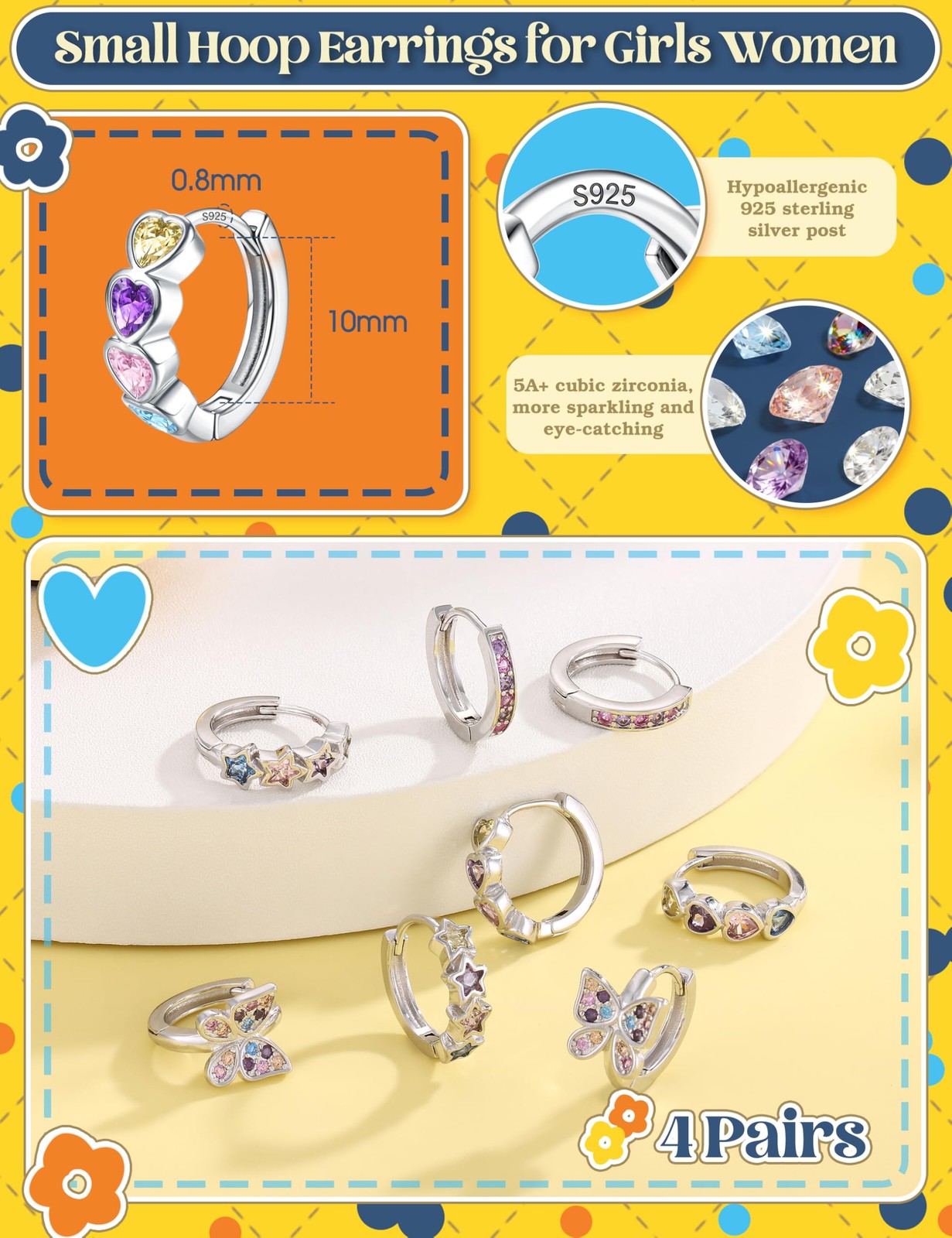 925 Sterling Silver Post Small Hoop Earrings For 10 millimeters, Colorful