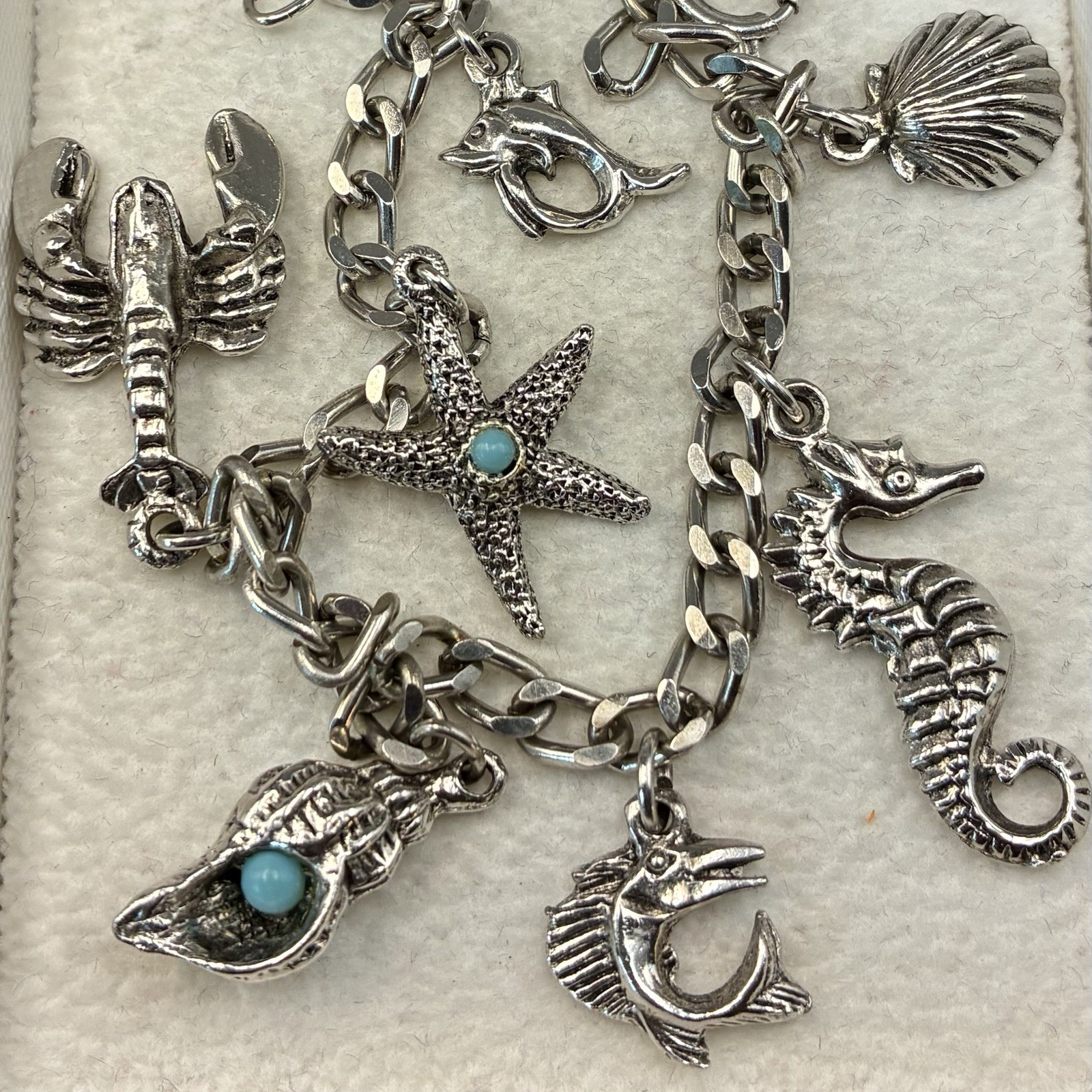 Detailed Ocean Sea Life Charm Bracelet + Starfish Seahorse Marlin Conch Lobster