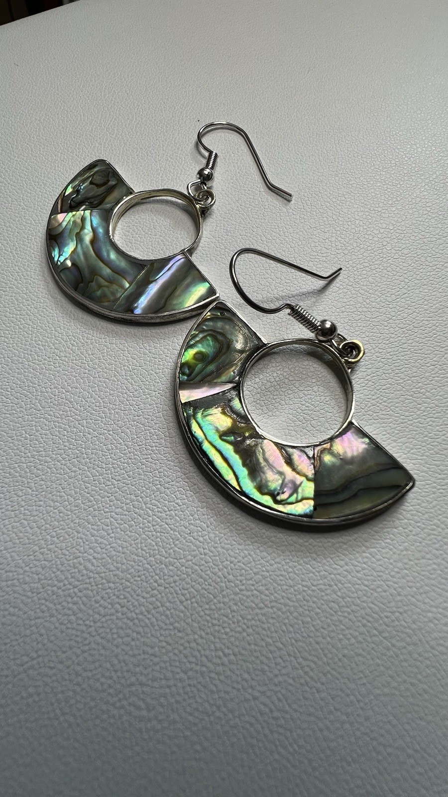 Alpaca Mexico Silver Abalone Shell Inlay Fan Dangle Hook Earrings Signed
