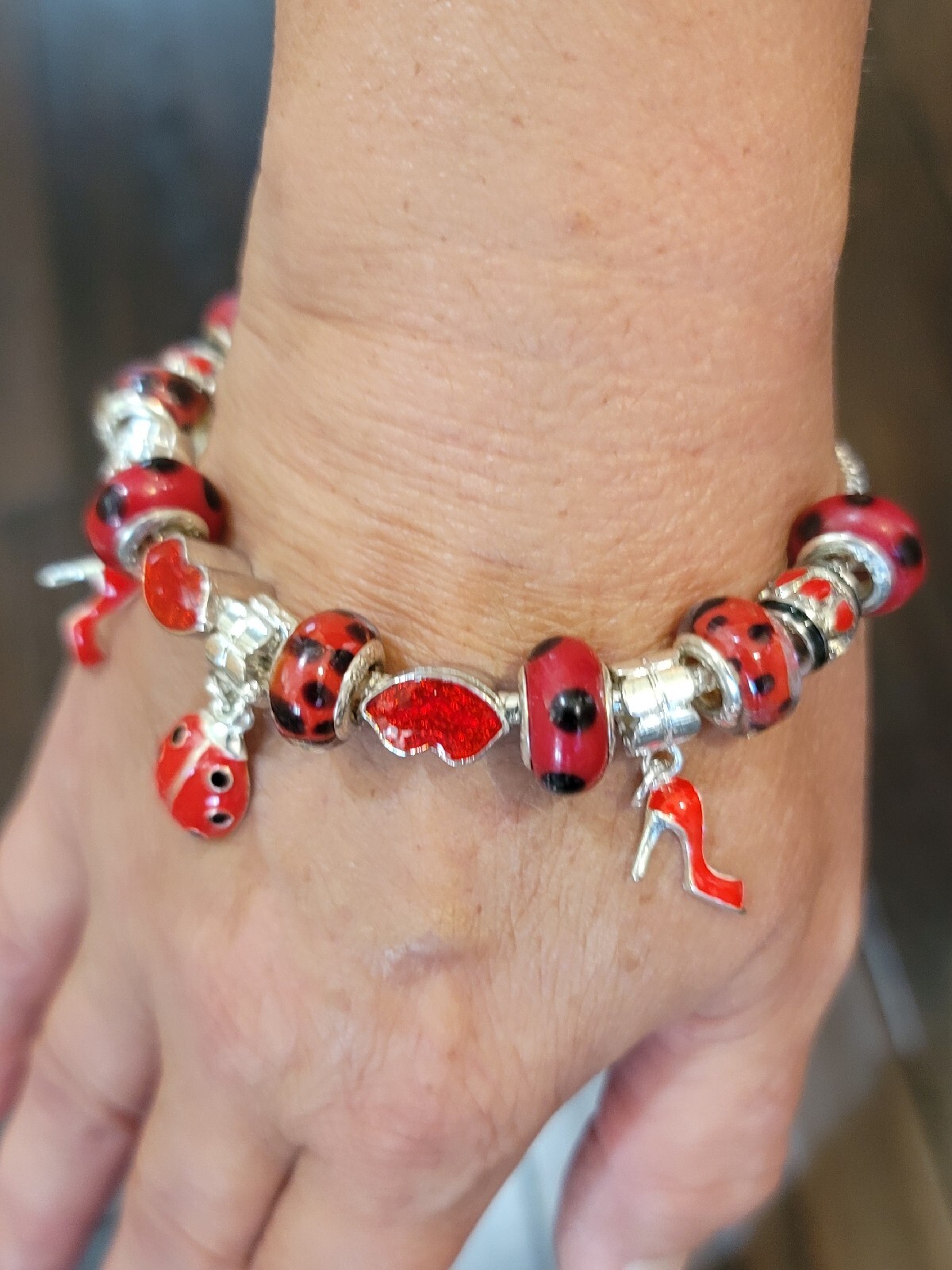 LADYBUG Charm Bracelet SILVER PLATED European Style ADJUSTABLE 6.5″ to 7″ Wrist