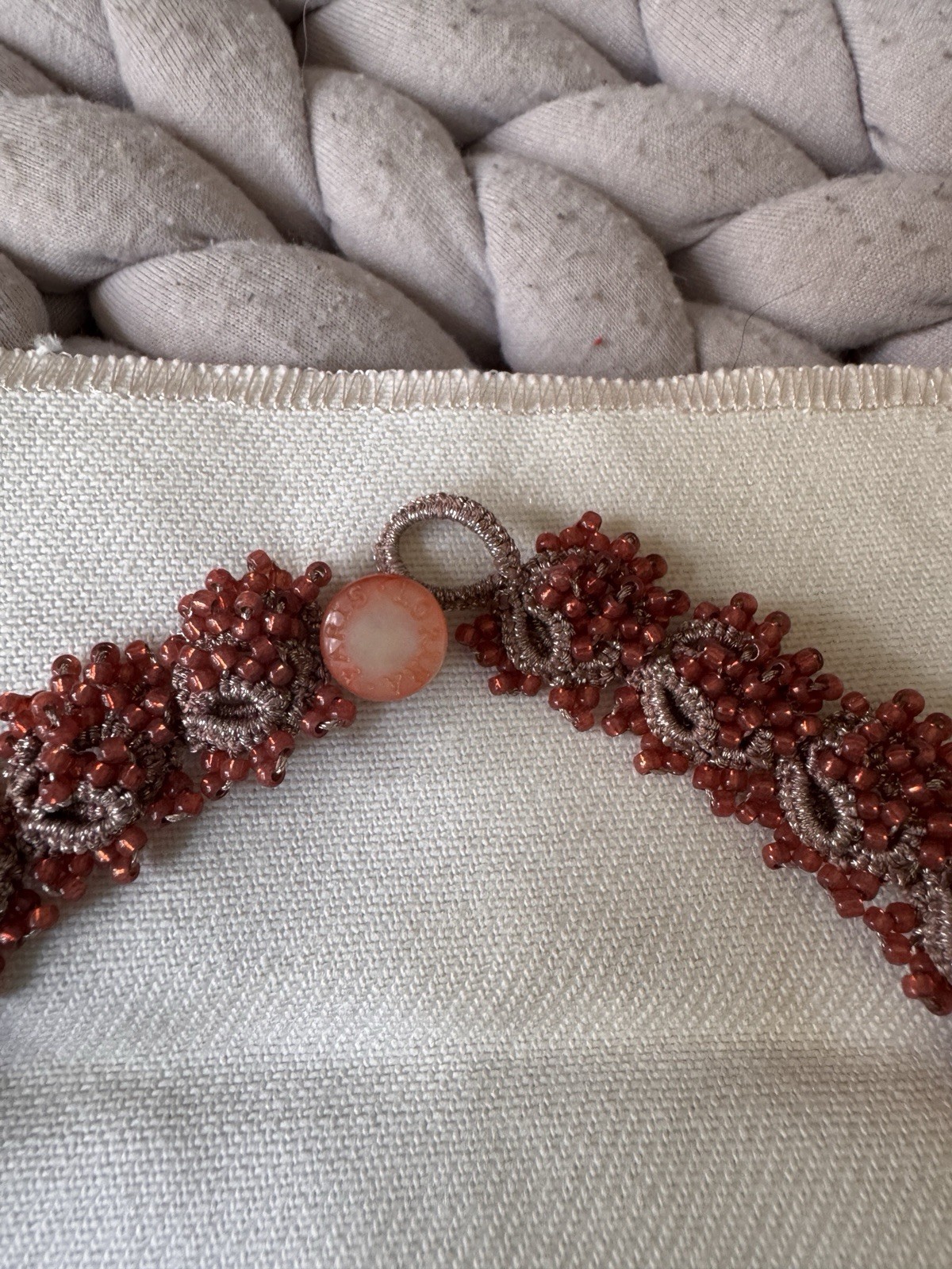 Lorina-Balteanu Red & Silver Glass bead lace collar in original packaging