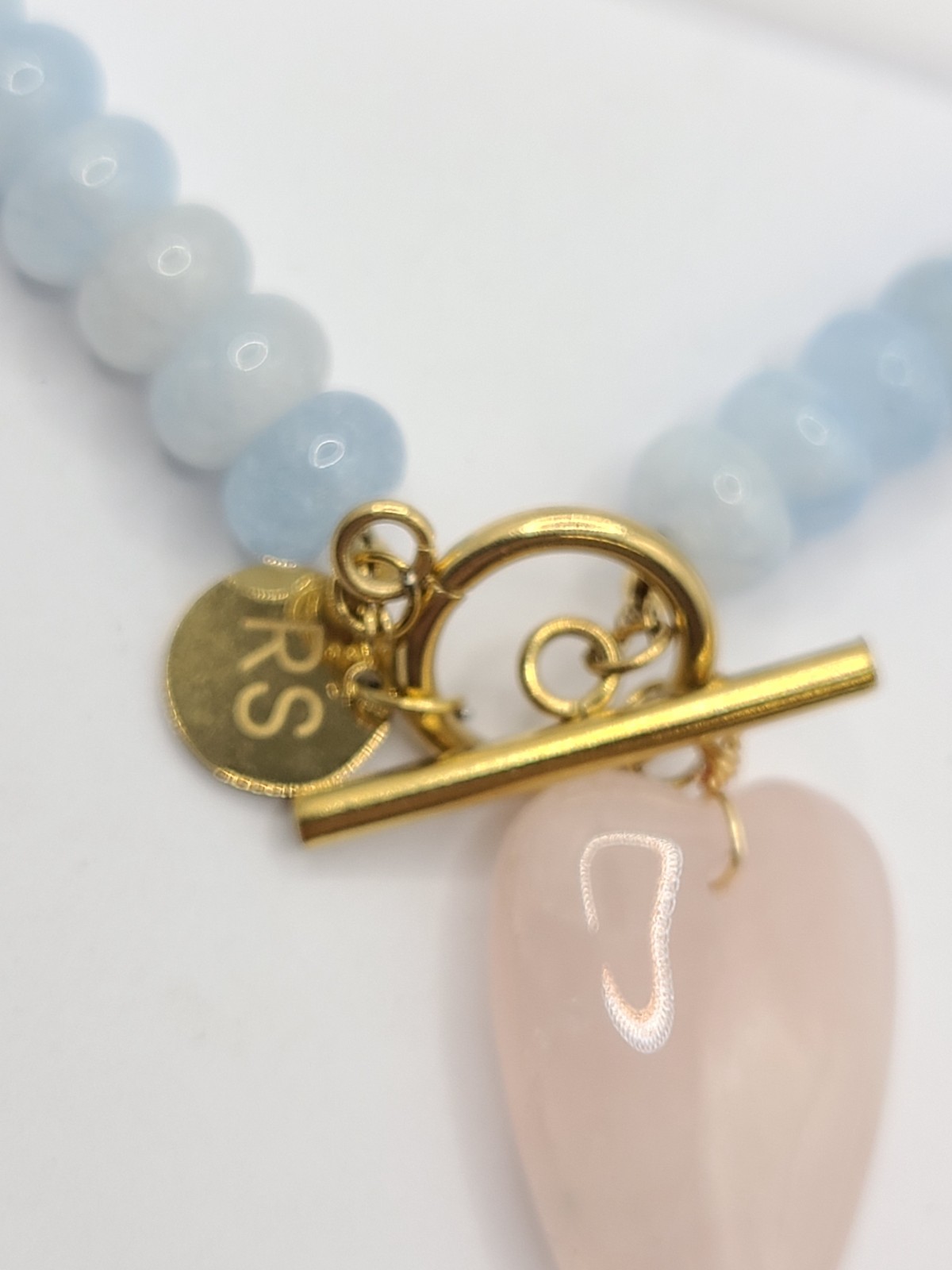 Raising Surfers Light Blue Beaded Toggle Necklace w/ Pink Heart Rose Quartz 19″