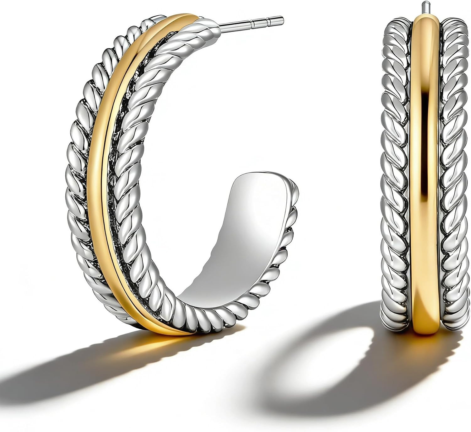 Two Tone Hoop Earrings for Women Silver and Gold Plated Twisted Open C Hoops Chi