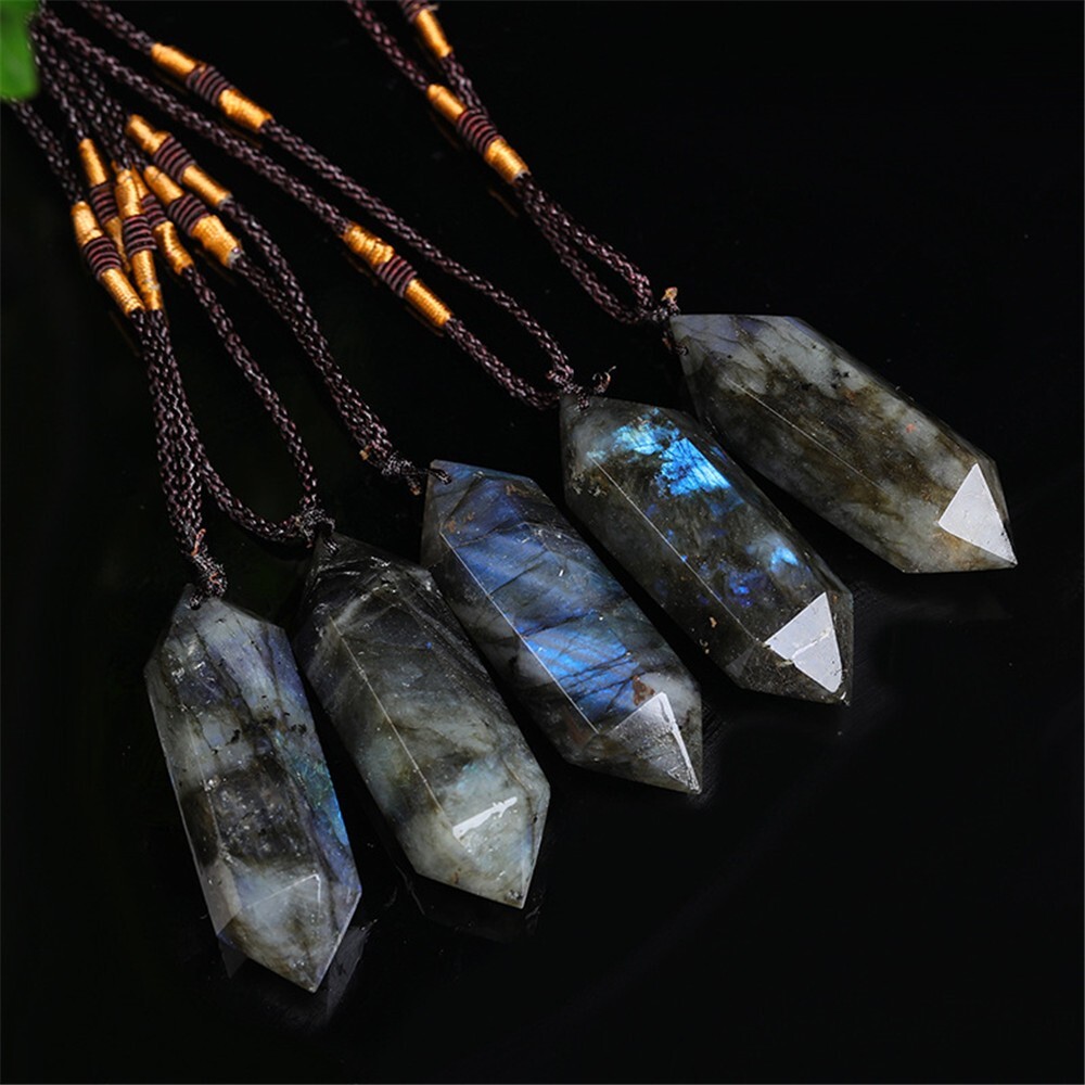 Natural Labradorite Stone Pendant Gemstone Double Point Crystal Charm Necklace