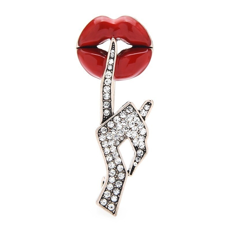 Hand Enamel Lip Brooches Rhinestone Fashion Party Pins Women Unisex Jewelry Gift