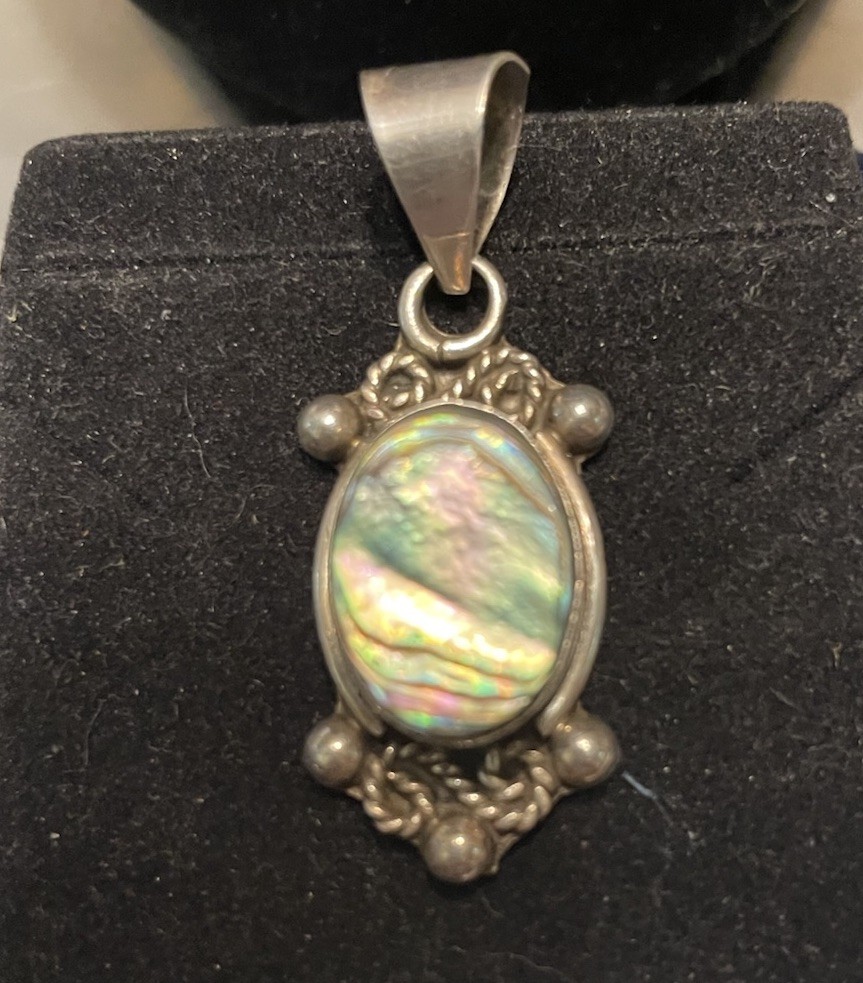Silver 925 & Signed Oval Abalone Bezel Set Charm Pendant Multicolor Iridescent