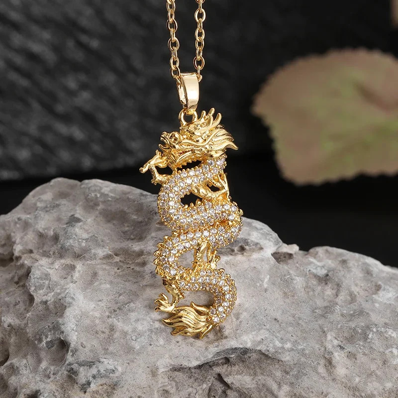 Cubic Zirconia Dragon Pendant Necklace for Men Women Amulet Jewelry