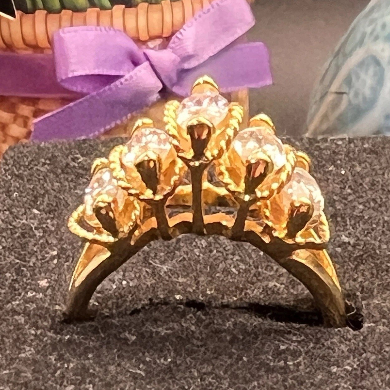Beautiful Ring, 5 Marquise CZs in Gold Plate Setting, Delicate Rope Design, Sz 9