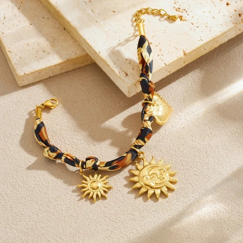 Charm Anklet Bracelet Twisted Braided Scarf Bandana Gold Plated Sun Moon Charms