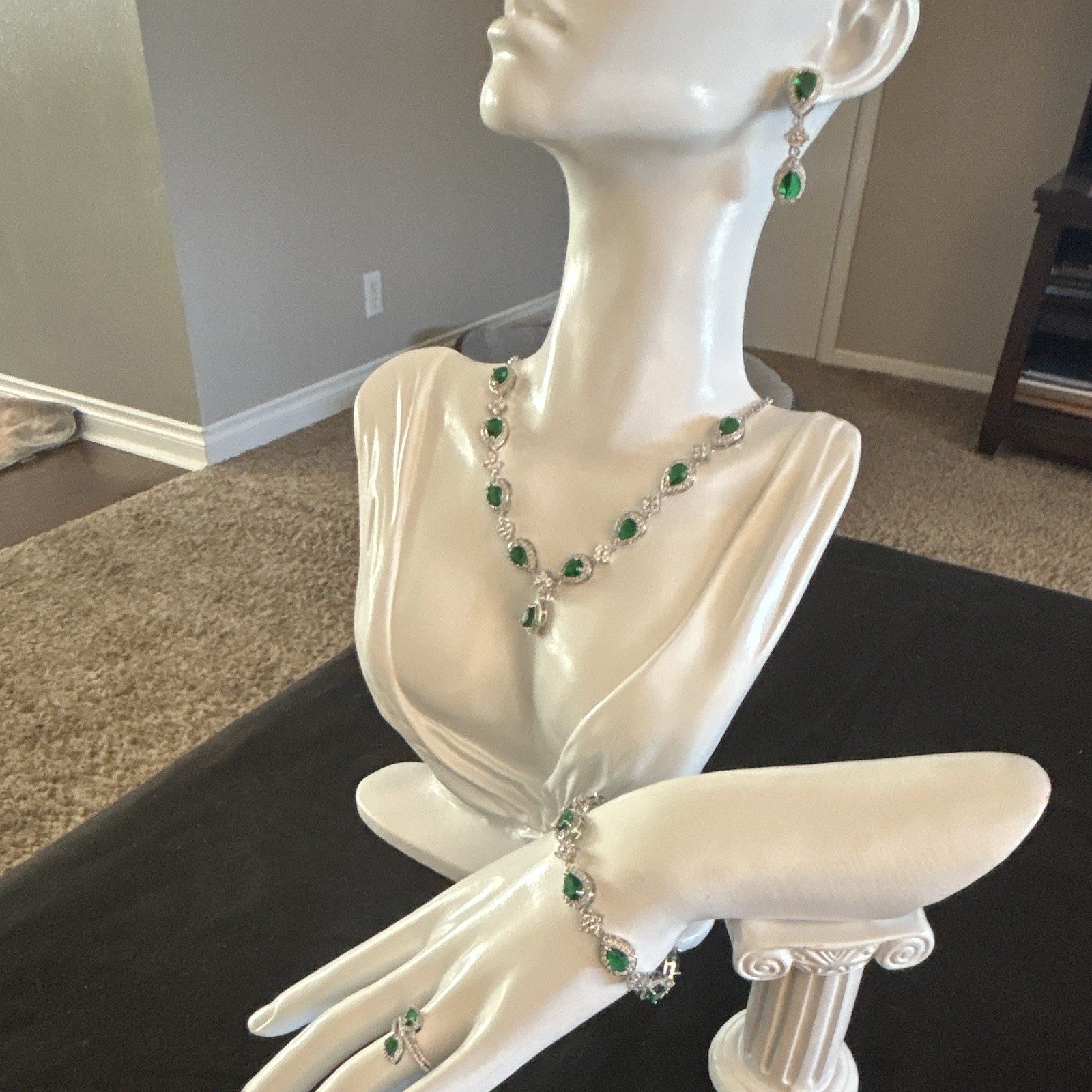 Green Teardrop Emerald Green &Clear CZ Stone Jewelry Set white gold plated.