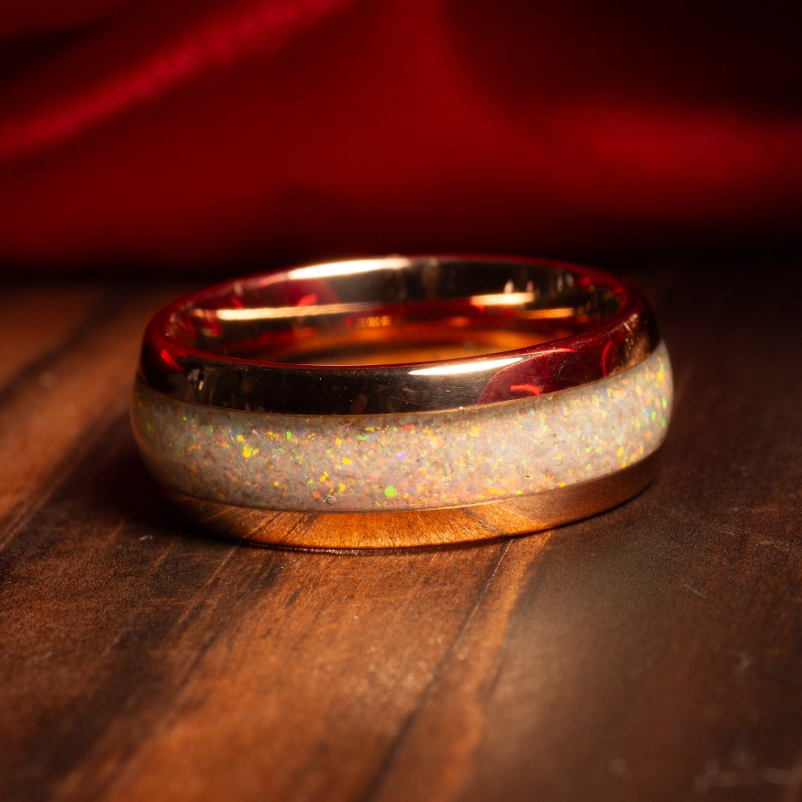 Fire Opal Couples Ring Set, Rose Gold Match His and Hers Tungsten Wedding Bands