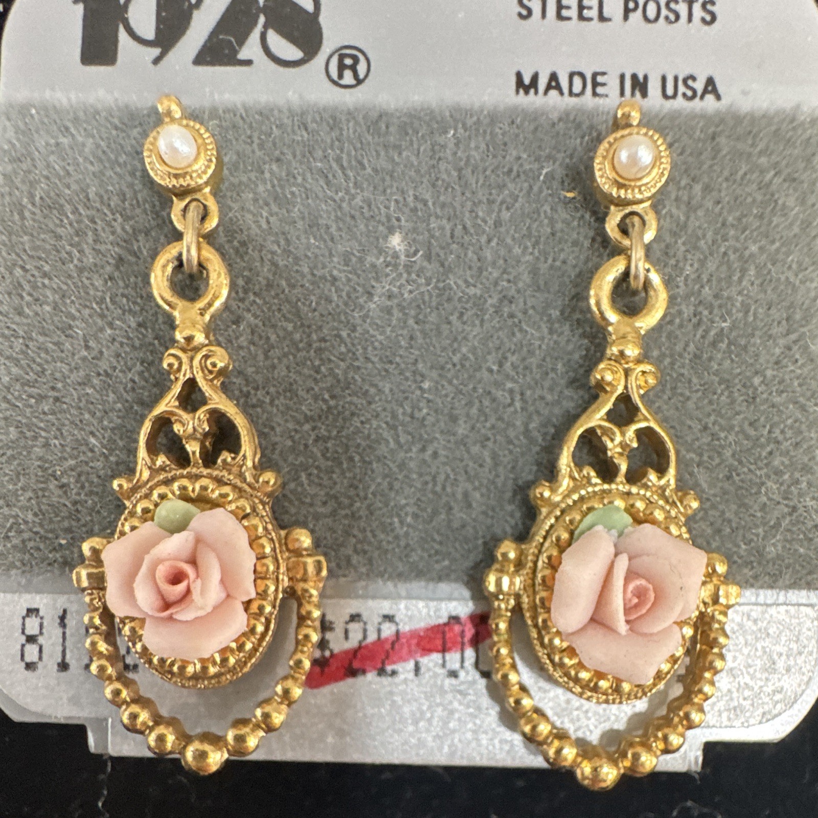 1928 Gold Tone Pink Rose Dangle Drop Earrings Surgical Steel Posts Nickel-Free