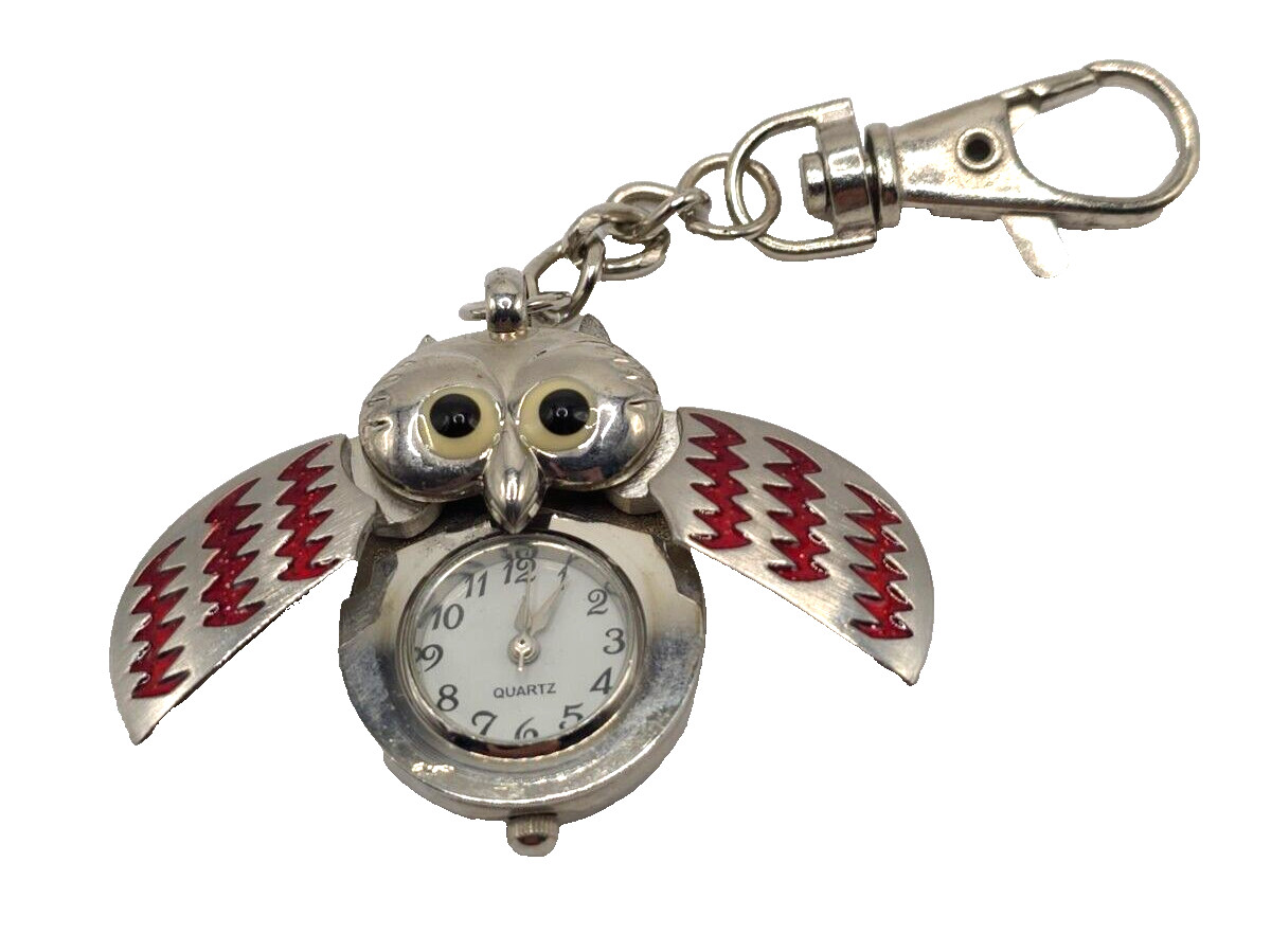 Owl Pin Watch Keychain Clip On Quartz Clock Red Wings Novelty Giftable & Cute