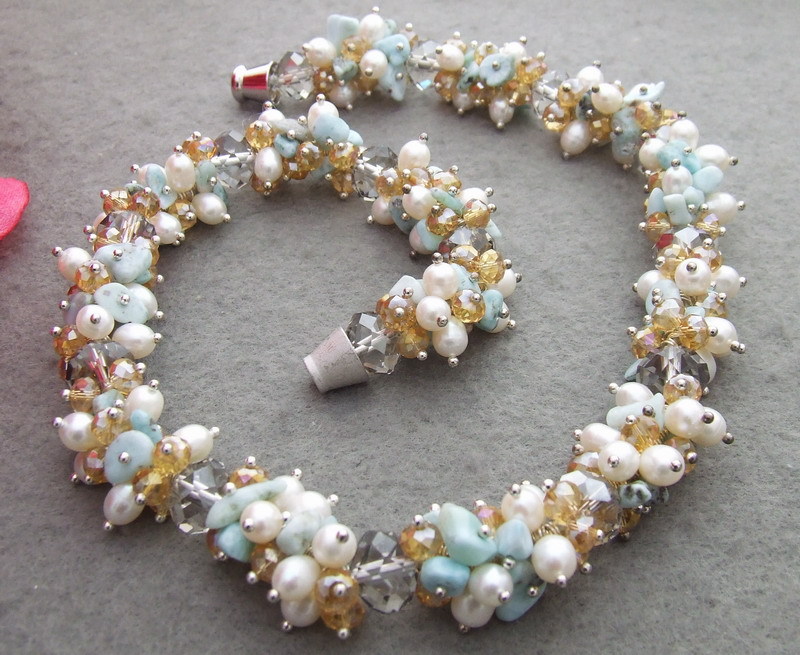 19″ white Pearl Blue Larimar Crystal Necklace