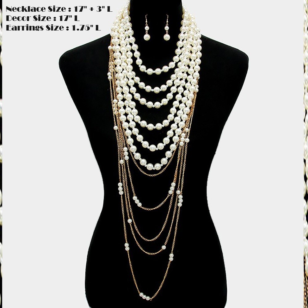 Long Cream Ball Statement Chunky Necklace Pearl Multi Row Strand Layered Beaded