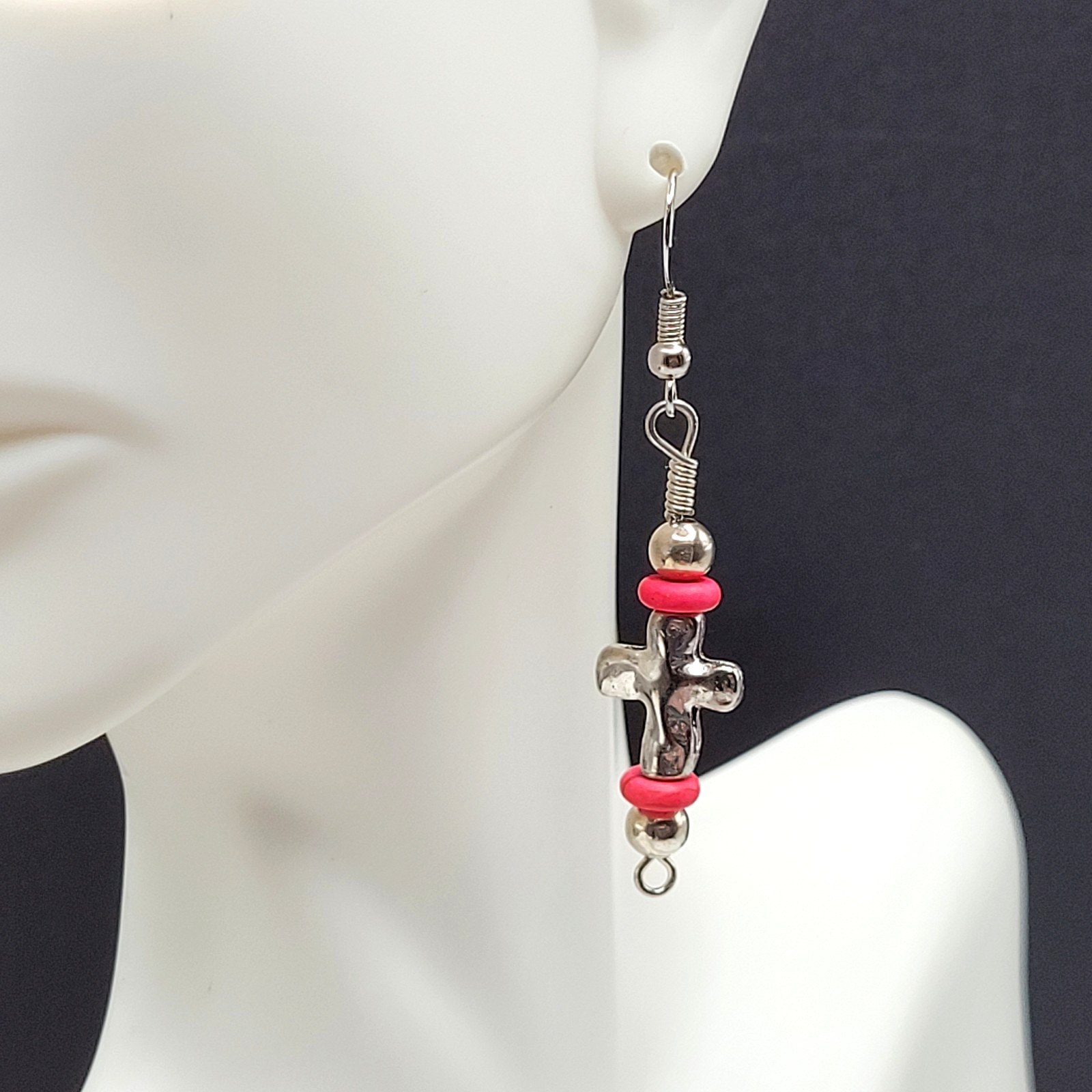 Southwestern Silver Tone Cross w Pink Ceramic Bead Metal Hook Pierced Earrings