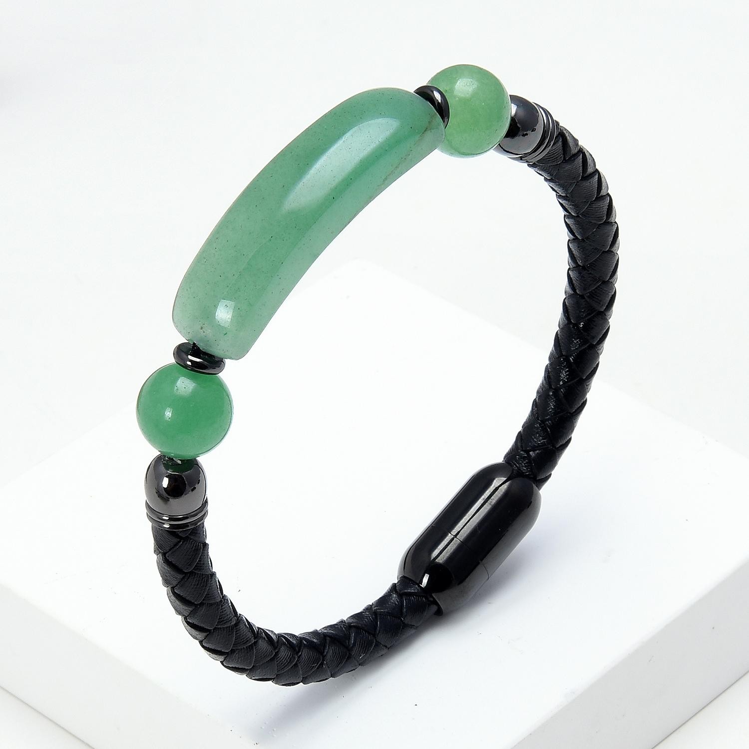 Women’s Stone Bead Leather Bracelet Stainless Steel Buckle Jewelry