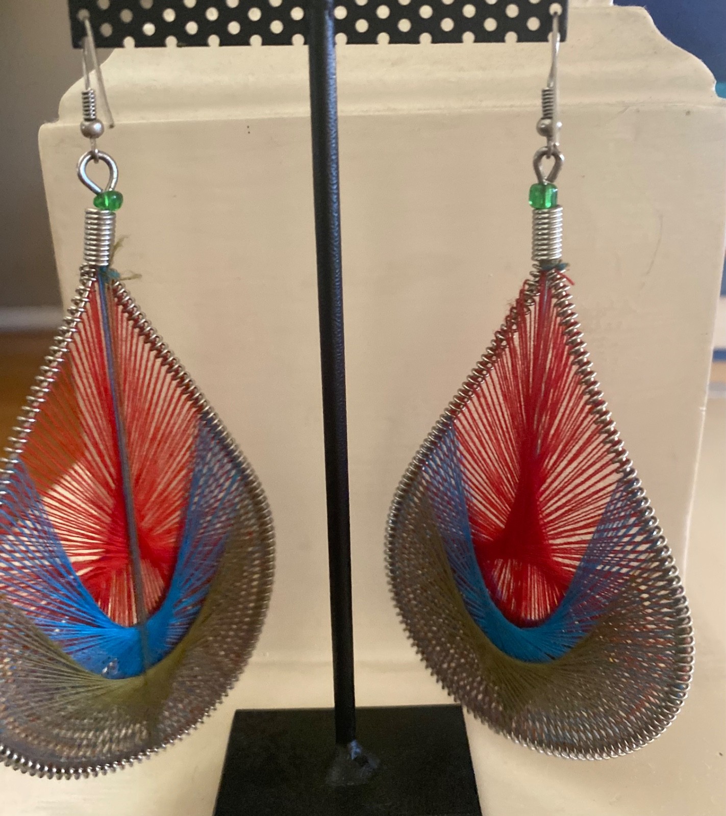 Vintage String Art Peacock Hand Woven Teardrop Earrings Red Blue Green Jewelry