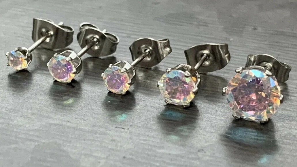 PAIR Hypoallergenic Earrings Prong Set Aurora Borealis Gems 316L Surgical Steel