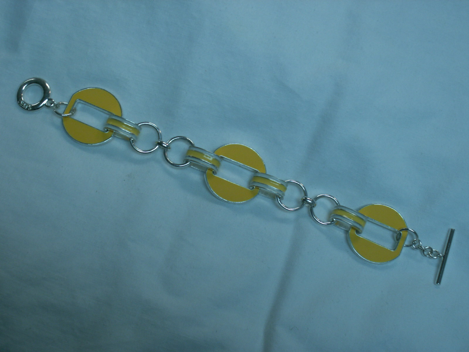 …CHAPS…Silver Tone,Yellow & White Enamel Panels Toggle Bracelet…