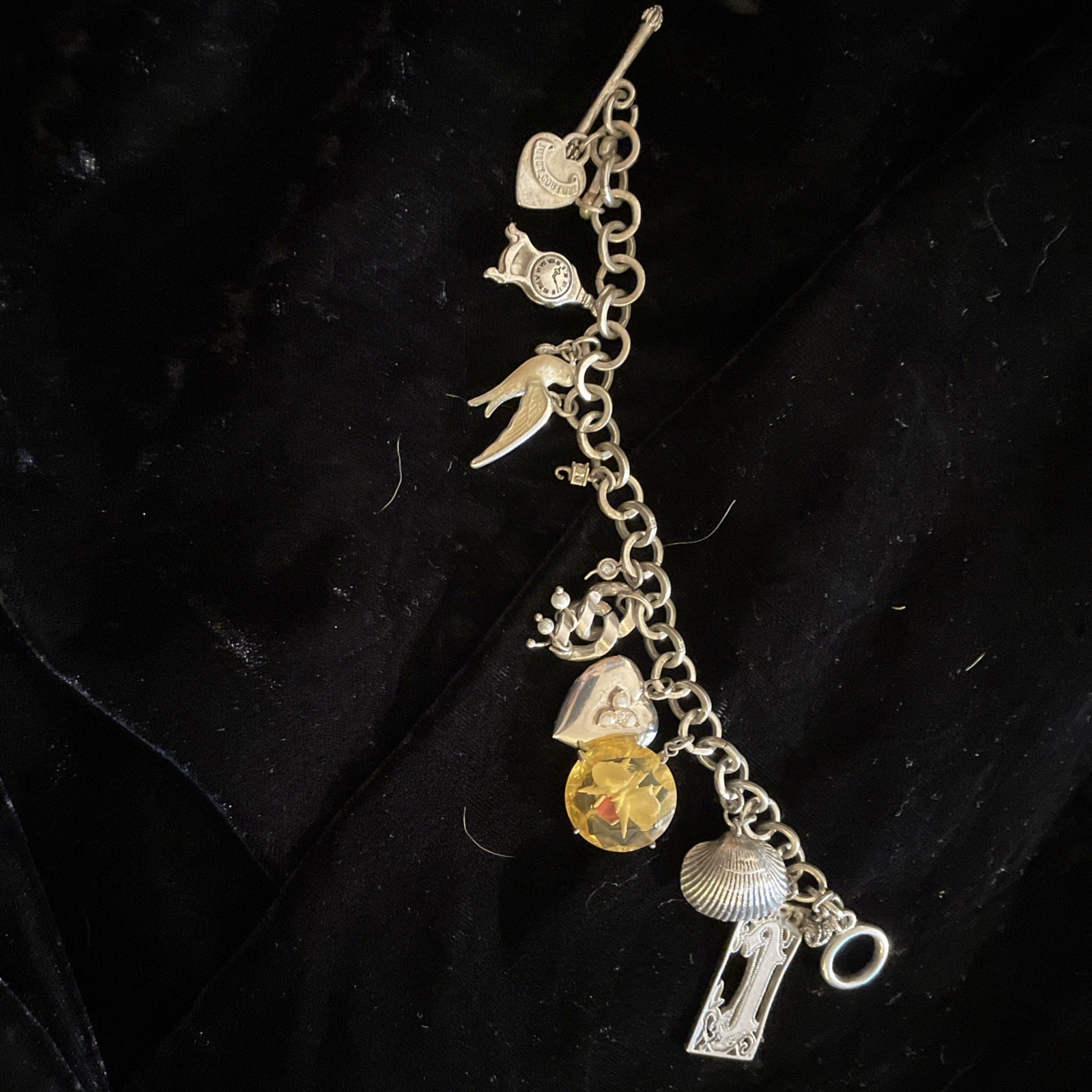 Vintage Juicy Couture Bracelet 10 Rare Charms Clock Shell Bird Locket Crown Bell