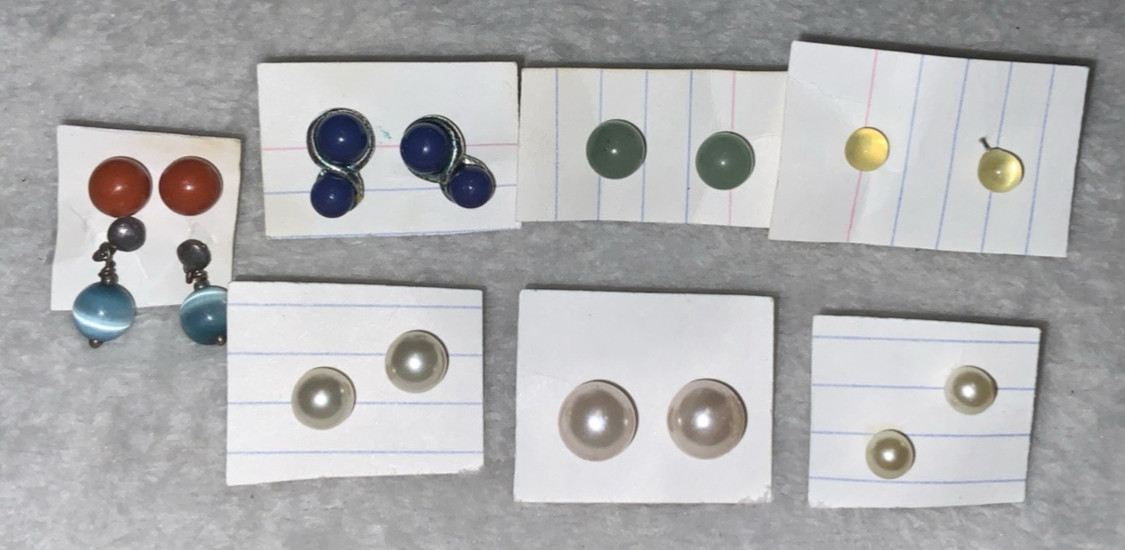 8 Pair Round Ball Stud Earrrings Various Colors & Faux Pearl