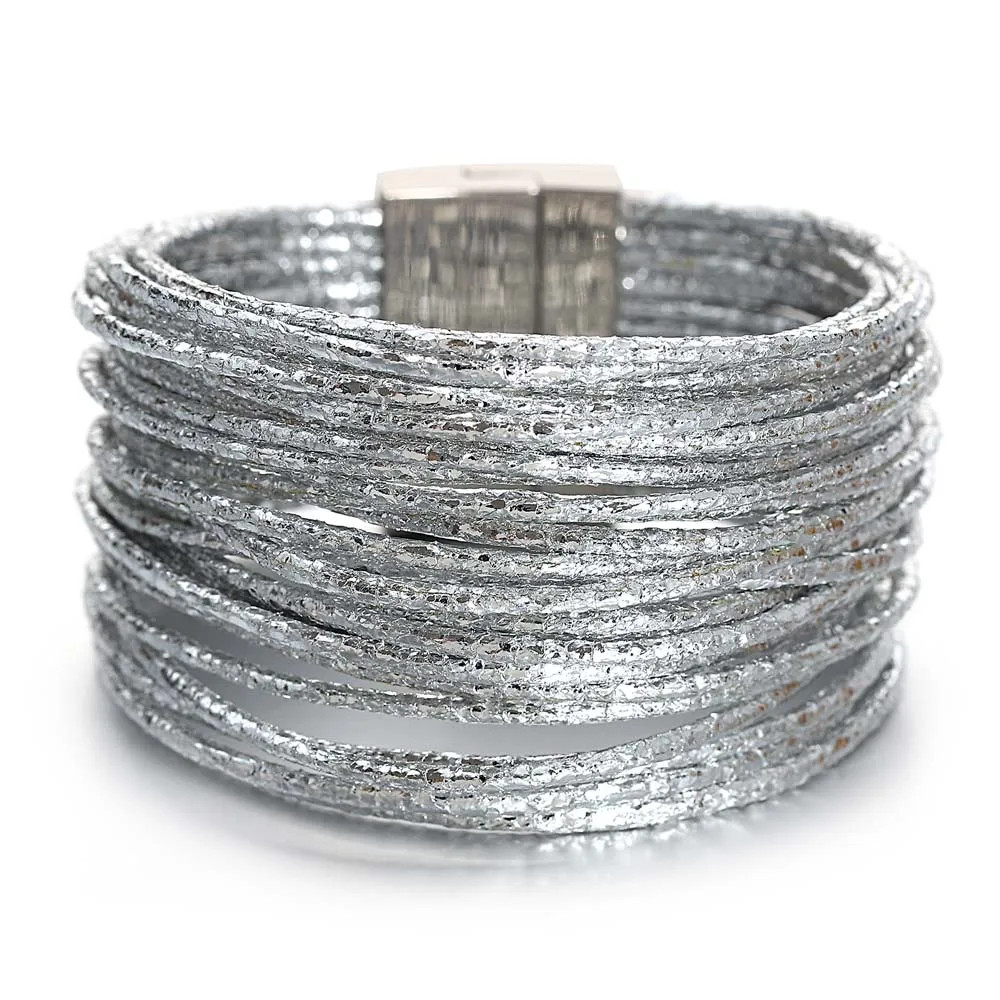 Triple Color Leather Wrap Bracelet Multilayer Slim Glitter Rope Chain Women