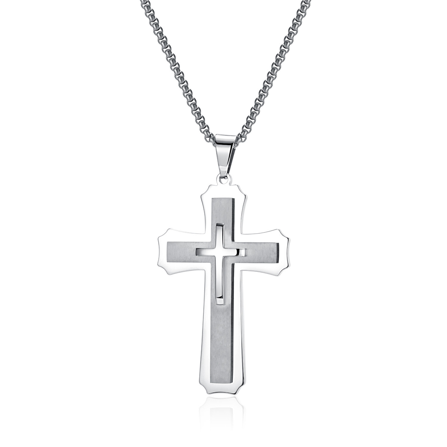 Large 52*84mm Simple Cross Pendant Charm Stainless Steel Rolo Chain Necklace 30′