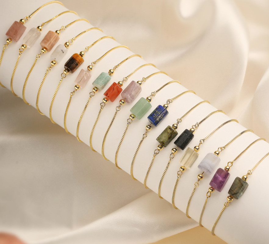 Adjustable Natural Stone Amethyst Cylinder Pendant Bracelet Copper Gold Plated